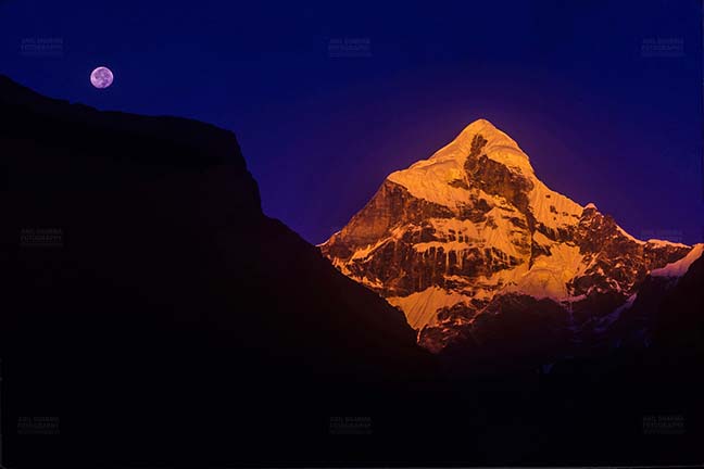 Mountains- Neelkanth Peak (India) Golden Neelkanth Peak with full moon in the blue sky, Garhwal, Uttarakhand, India. by Anil