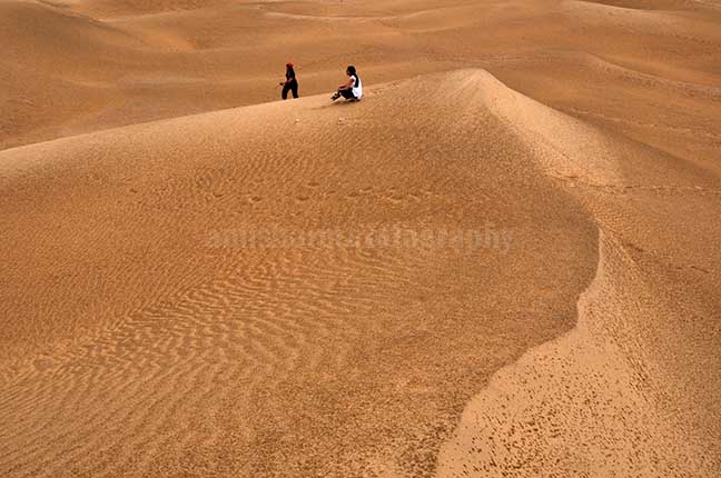 Festivals- Jaisalmer Desert Festival, Rajasthan Tourists enjoying the beauty of golden sand dunes of Thar desert in Jaisalmer. by Anil
