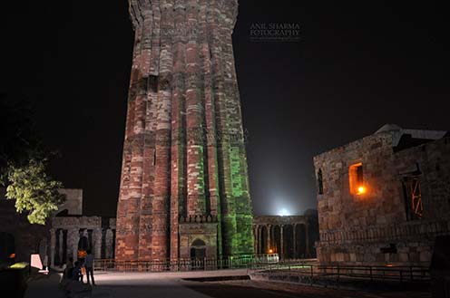 Monuments- Qutab Minar in Night, New Delhi, India. Qutub Minar a UNESCO World Heritage Site in night at Qutub Minar Complex, Mehrauli , New Delhi, India. by Anil