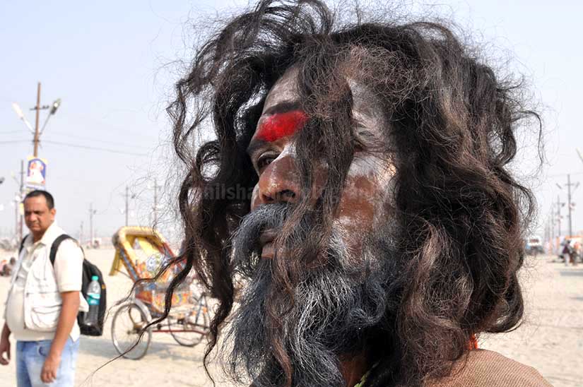 Culture- Aghori Sadhu, Uttar Pradesh (India). Close-up of a Aghori Sadhu with long hairs, wearing rudraksha bead at Mahakumbh, Allahabad, Uttar Pradesh, India. by Anil