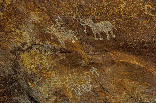 Archaeology- Bhimbetka Rock Shelters (India) Prehistoric rock painting of men with two Elephants at Bhimbetka archaeological site Raisen, Madhya Pradesh, India by Anil