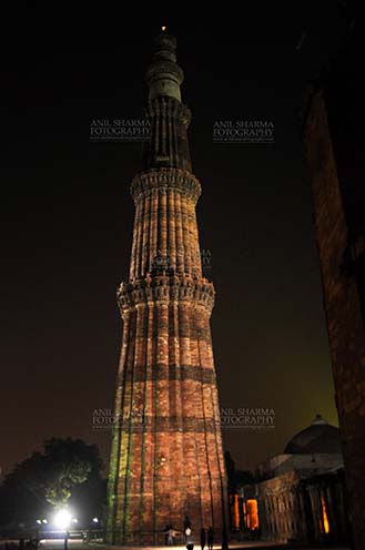 Monuments- Qutab Minar in Night, New Delhi, India. The Beauty of Qutub Minar in night at Qutub Minar Complex, Mehrauli , New Delhi, India. by Anil