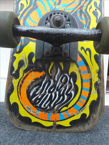 Santa Cruz, Salba, Tiger Deck, bought by me in 1989 and put together by me, skated it a bit and put into storage mid 1990's, no name trucks and original santa cruz big slime balls 92a