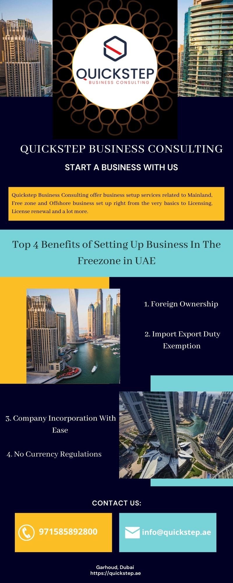 Top 4 Benefits of Setting Up Business In The Freezone in UAE.jpg Dubai has been witnessing a lot of investors coming into the market to set up new businesses. One of the great advantages that Dubai offers to these investors is the free zone which offers tremendous support and facilities to businesses. The Freezone offe by QuickstepBusiness