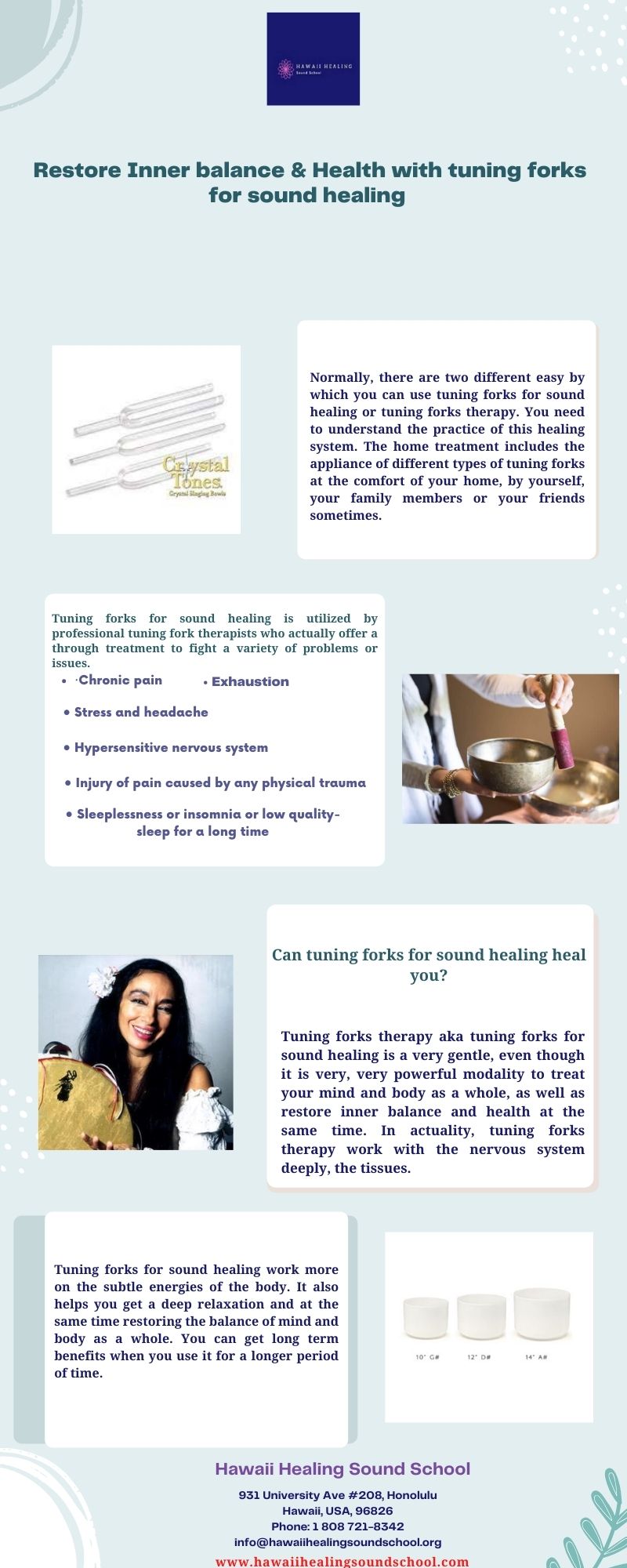 Restore Inner balance & Health with tuning forks for sound healing  Tuning forks healing therapy is very effective for restoring the inner balance and health. It also has many other benefits to stay happy and peaceful life.  For more details, visit: https://bit.ly/3rEmB8R by hawaiihealingusa