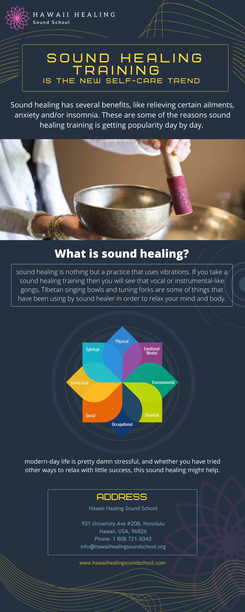 Sound Healing Training Is the New Self-Care Trend You Should Know Sound healing has several benefits, like relieving certain ailments, anxiety and/or insomnia. These are some of the reasons sound healing training is getting popularity day by day. For more details, visit: https://bit.ly/3dlVloj
 by hawaiihealingusa