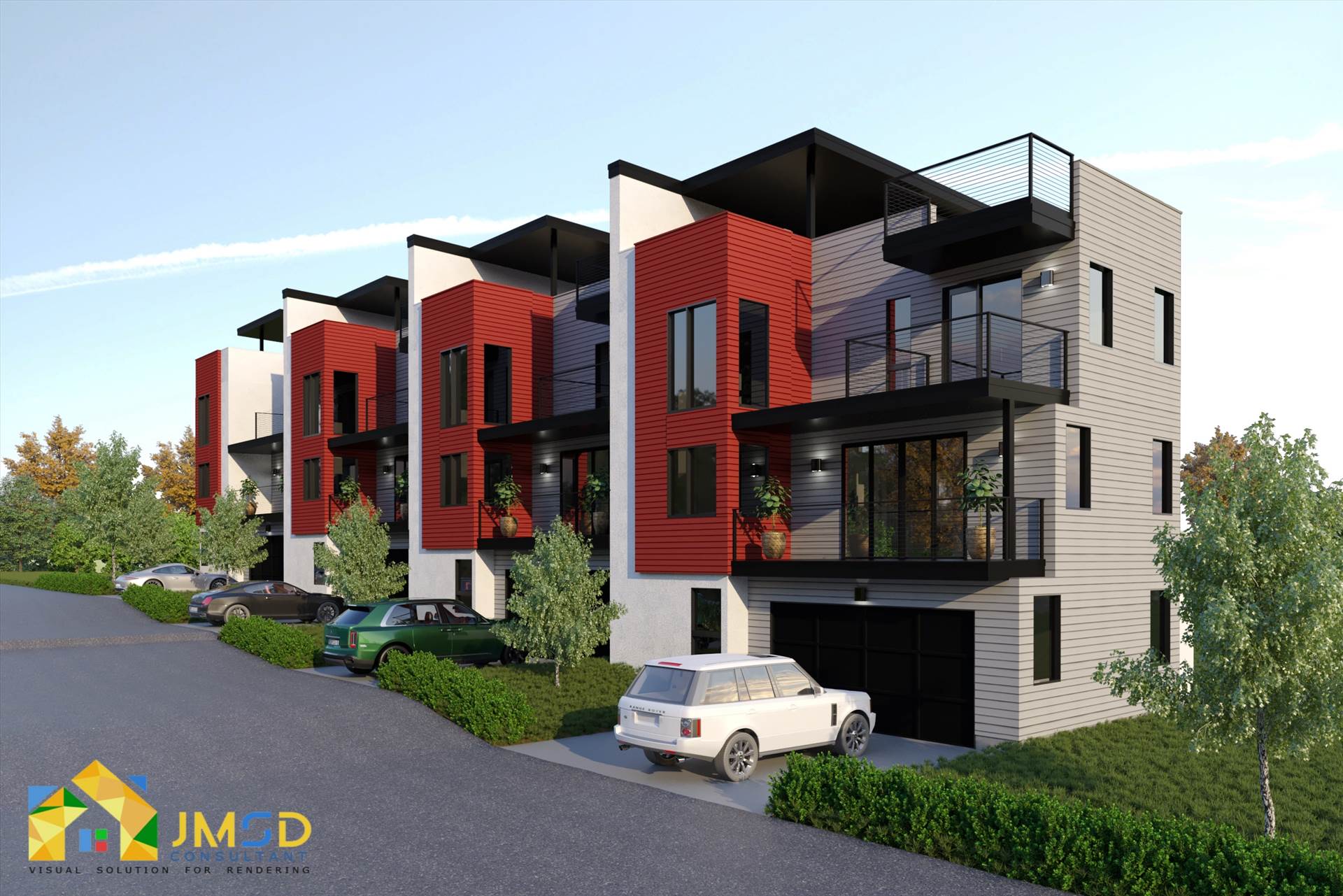 Street View Modern Bungalow Homes Rendering Denver Colorado Street View Modern Bungalow Homes Rendering Denver Colorado. Several Modern Bungalow Homes with surrounding landscape, roads, cars and people.  by JMSDCONSULTANT