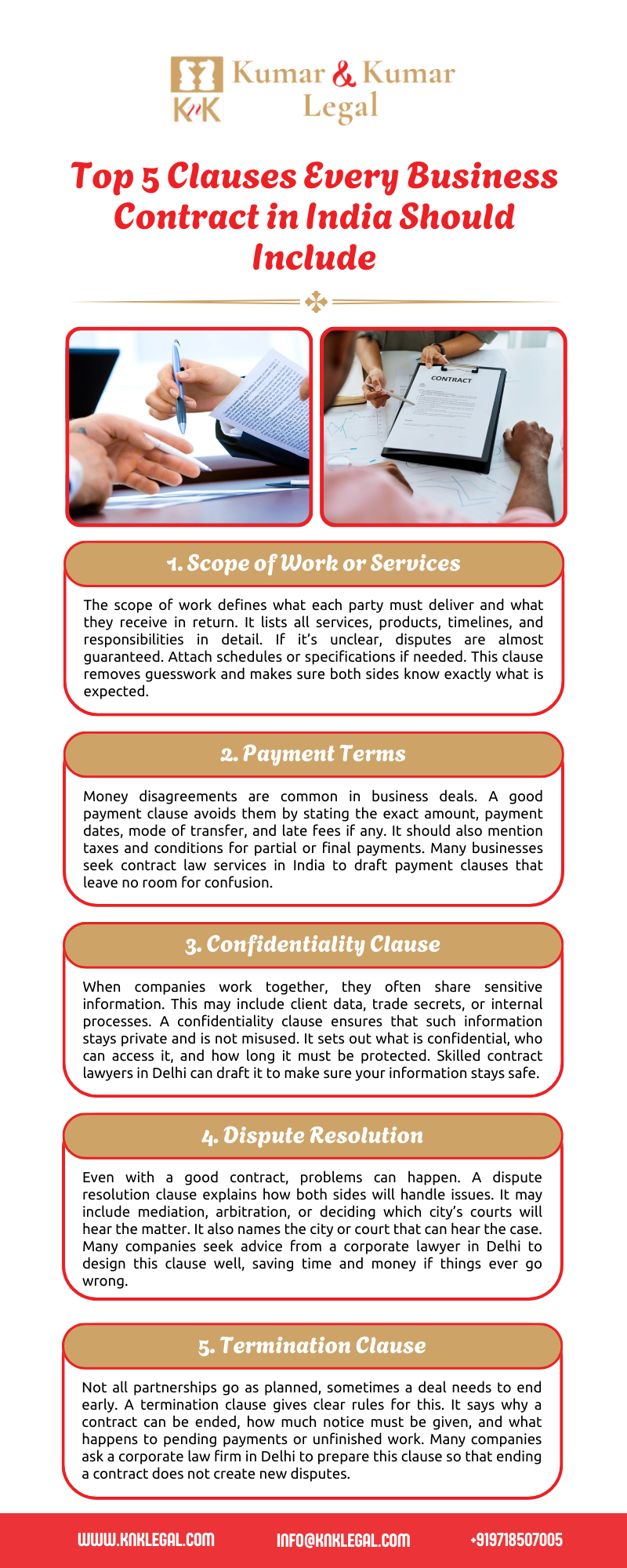 Top 5 Clauses Every Business Contract in India Should Include.png Read about Top 5 Clauses Every Business Contract in India Should Include in the given infographic and get more information at +91-9718507005. by knklegal