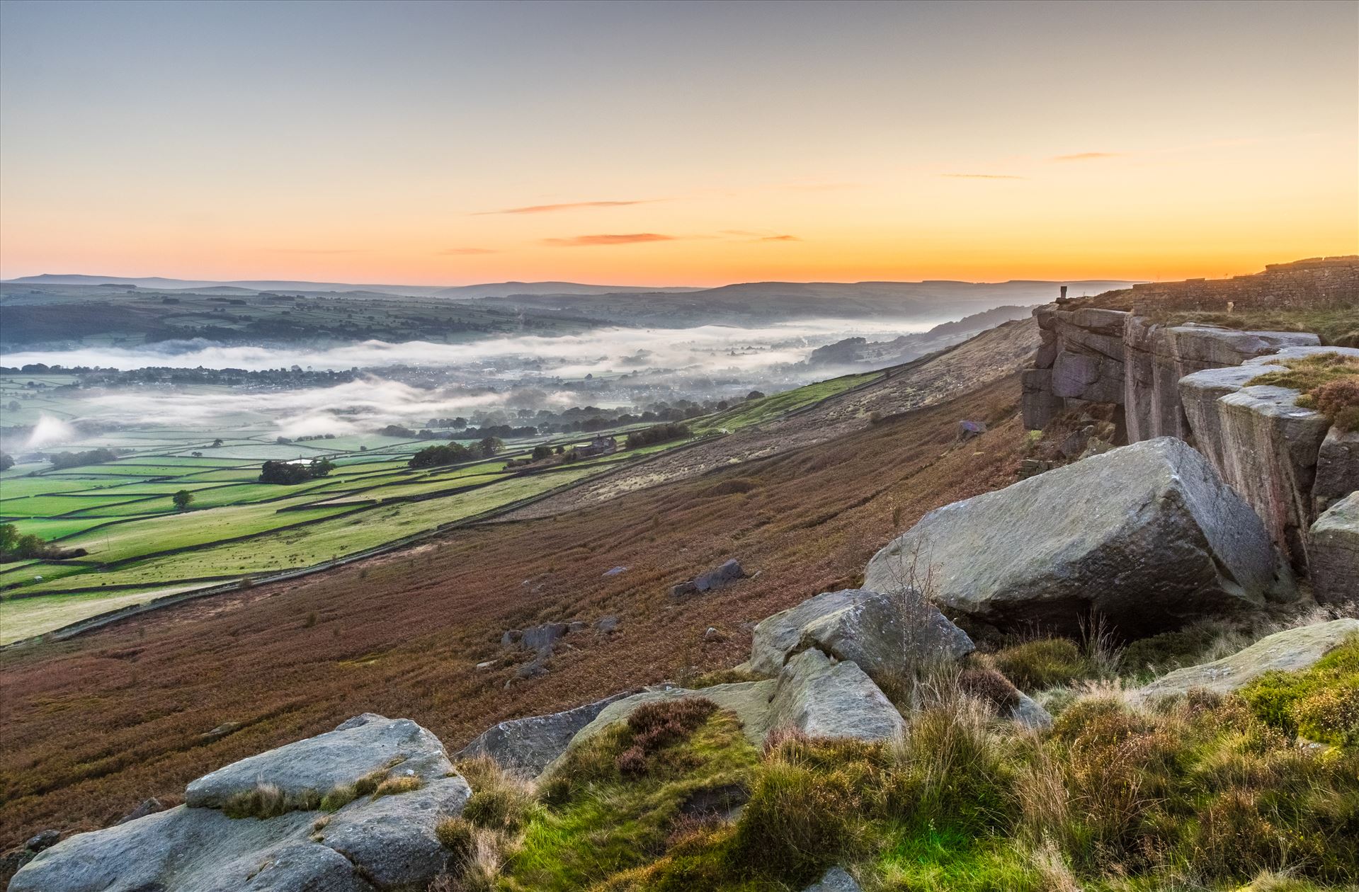Misty Morning in the Aire Valley View from Cowling Pinnacle (also known as Wainman's Pinnacle)  looking down the Aire Valley towards Lund's Tower.  by Tony Keogh Photography