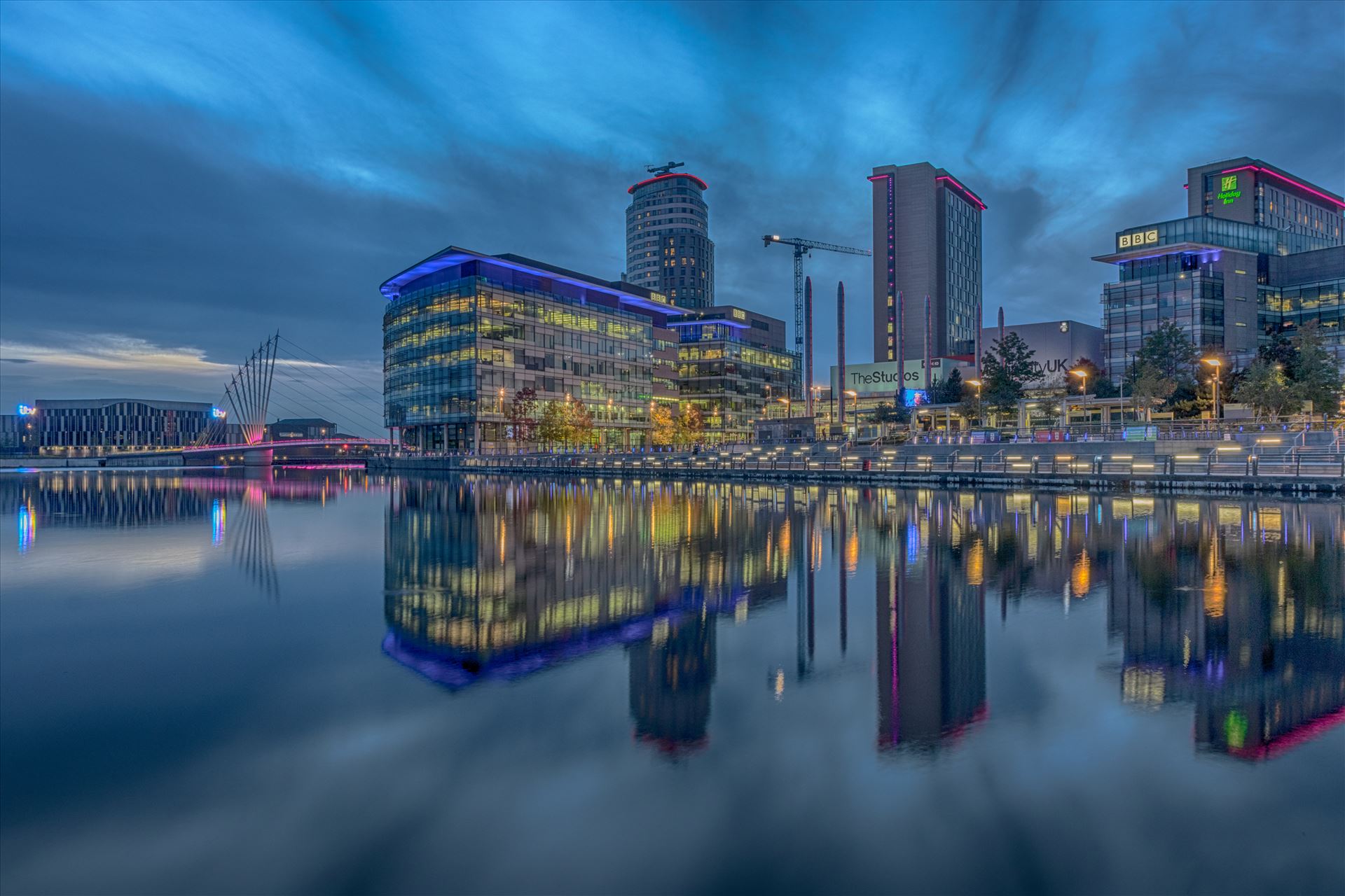 Blue Hour at Media City Long exposure shot at Media City at Salford Quays near Manchester during "blue hour" as night is falling.  by Tony Keogh Photography