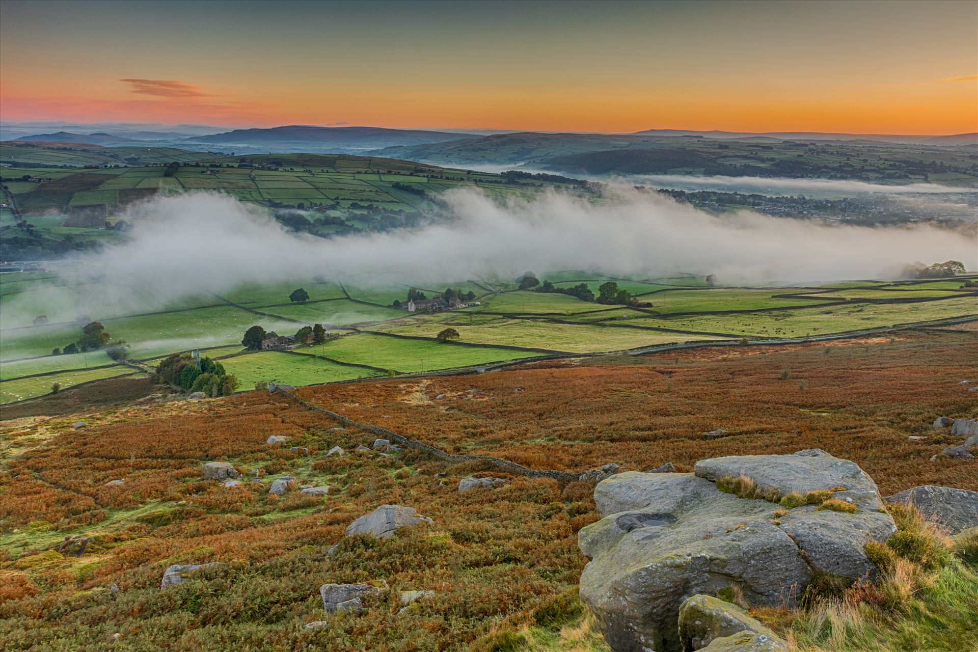 Cowling Misty Morning Looking down the Aire Valley from Cowling Pinnacle (also known as Wainman's Pinnacle) towards Lund's Tower.  by Tony Keogh Photography
