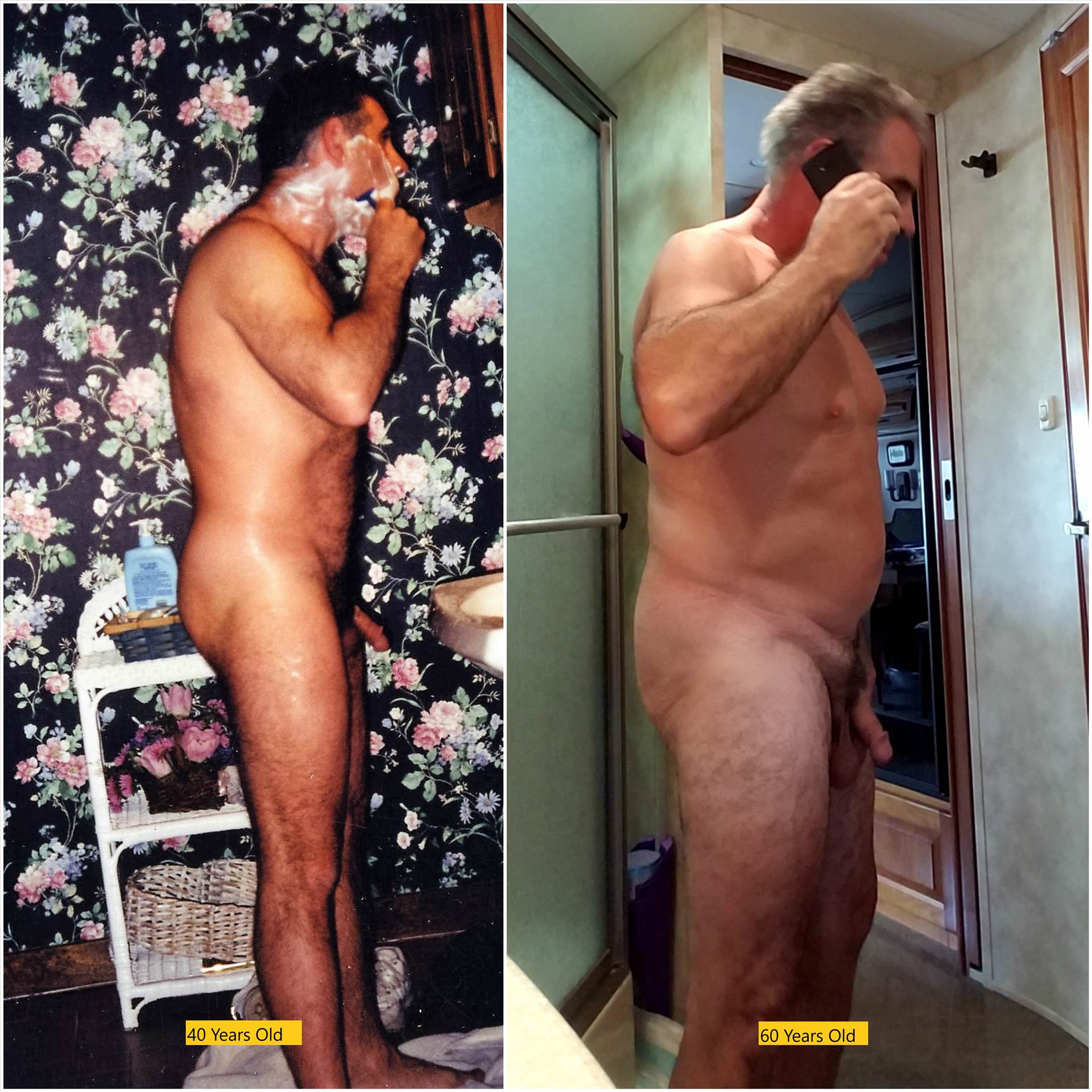 Aging Male Body Photo provides a look of a male at 40 and 60 years of age. As in most cases you notice that the subject is heavier and also has enlarged sagging testicles. by Aging Process