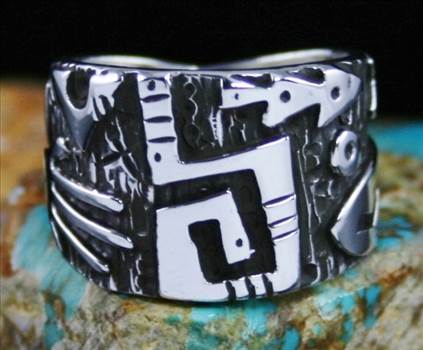 Kee Yazzie Anasazi Petroglyph Design Overlay Ring - Buy this beautiful Anasazi influenced ring with complex petroglyph overlay designs from the Turquoise Direct\u0027s online store. http://www.turquoisedirect.com/product/kee-yazzie-petroglyph-design-overlay-ring-4/