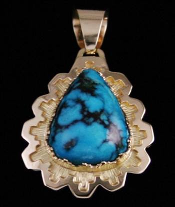 Dina Huntinghorse Rare Gem Grade Apache Blue Turquoise Solid 14K Gold Pendant by Turquoisedirect
