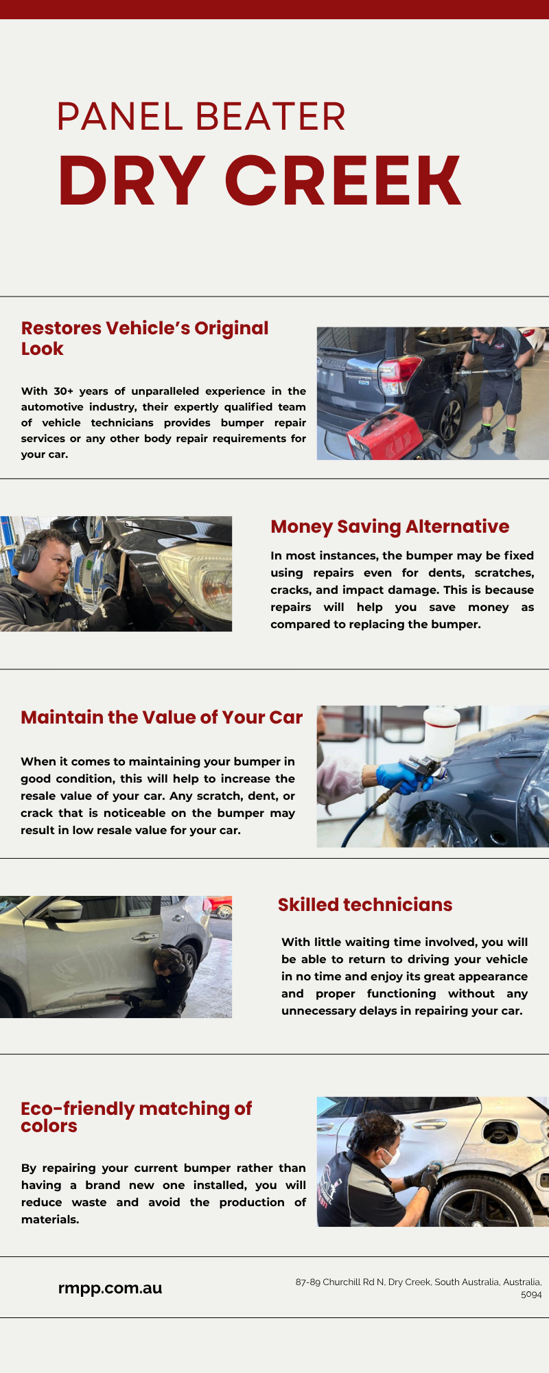 Panel beater dry creek.png Our auto technicians are skilled and have years of experience in removing dents and repairing damaged panels. Visit us : 
https://rmpp.com.au/panel-beating-spray-painting/ by rmpaintpanel