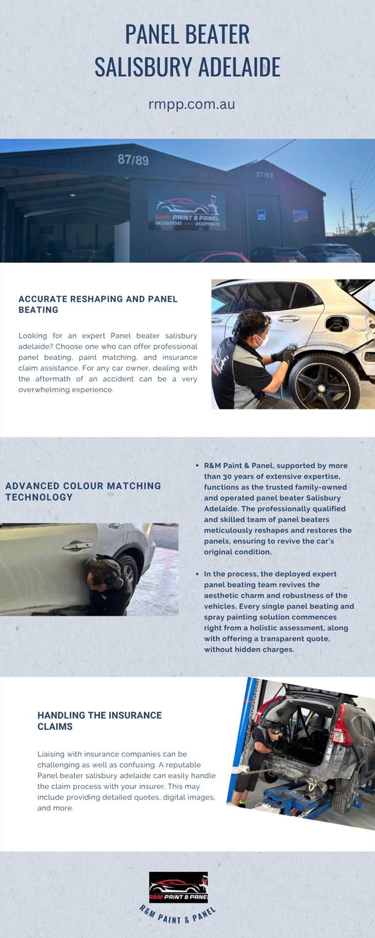 Panel beater salisbury adelaide.png R&M Paint & Panel, supported by more than 30 years of extensive expertise, functions as the trusted family-owned and operated panel beater Salisbury Adelaide. Visit us : 
https://rmpp.com.au/panel-beating-spray-painting/ by rmpaintpanel