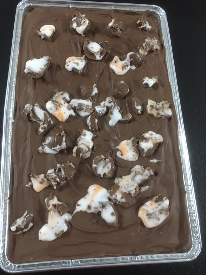 Creme egg traybake Moist and chewy brownie, covered in milk chocolate and topped with Cadbury Creme egg. by Alison Wonderland Bakes