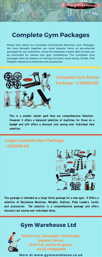 The Complete Gym packages have all aspects of training included, these being: Cardio, Free Weights, Resistance machines and accessories. Pre – selected Gym Packages from Gym warehouse.