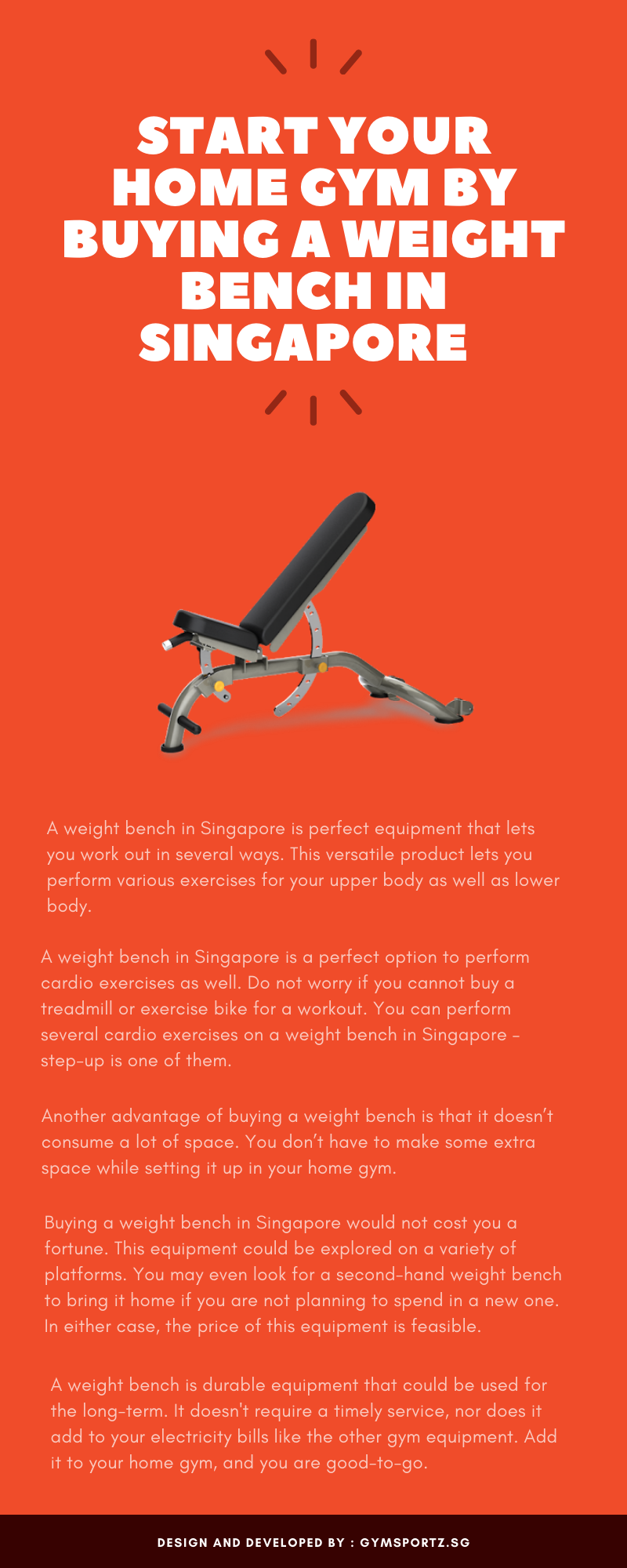 Start Your Home Gym By Buying A Weight Bench In Singapore If you want to achieve all your fitness goals and find it hard to enroll yourself at the gym, there is always an option to set a home gym.  https://gymsportz.sg/gym-equipment/workout-benches/
 by Gymsportz