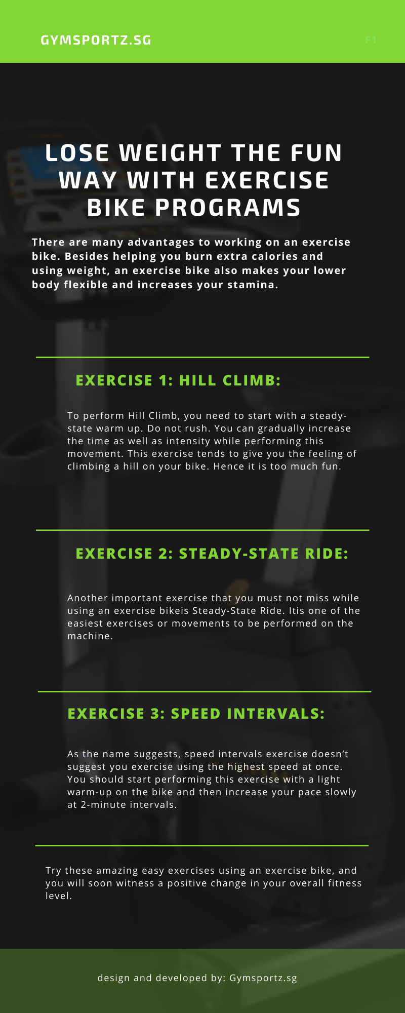 Lose Weight The Fun Way With Exercise Bike Programs One of the essential machines you need in your home gym to lose weight is an exercise bike. An exercise bike or a stationary bike is popular gym equipment. https://gymsportz.sg/cardio-equipment/exercise-bike/ by Gymsportz