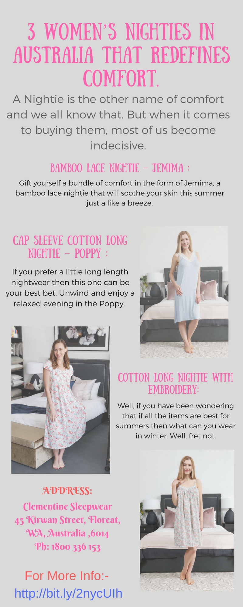 3 women’s nighties in Australia that redefines comfort After a long a tiring day it’s your sleepwear that puts you to sound sleep not some meds. Wear nighties that’ll be your second skin on the body. For more details visit http://www.sooperarticles.com/shopping-articles/fashion-articles/3-womens-nighties-aust by Clementine