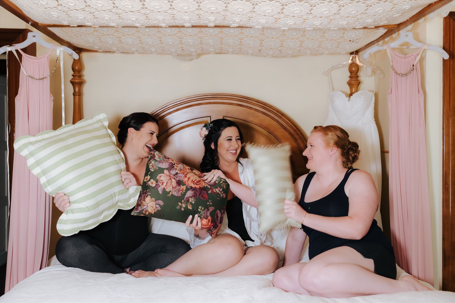 Kendra and Mitchell 013 Emily House Bed and Breakfast Paso Robles California Wedding Photography by Mirrors Edge Photography.  The girls having fun by Sarah Williams