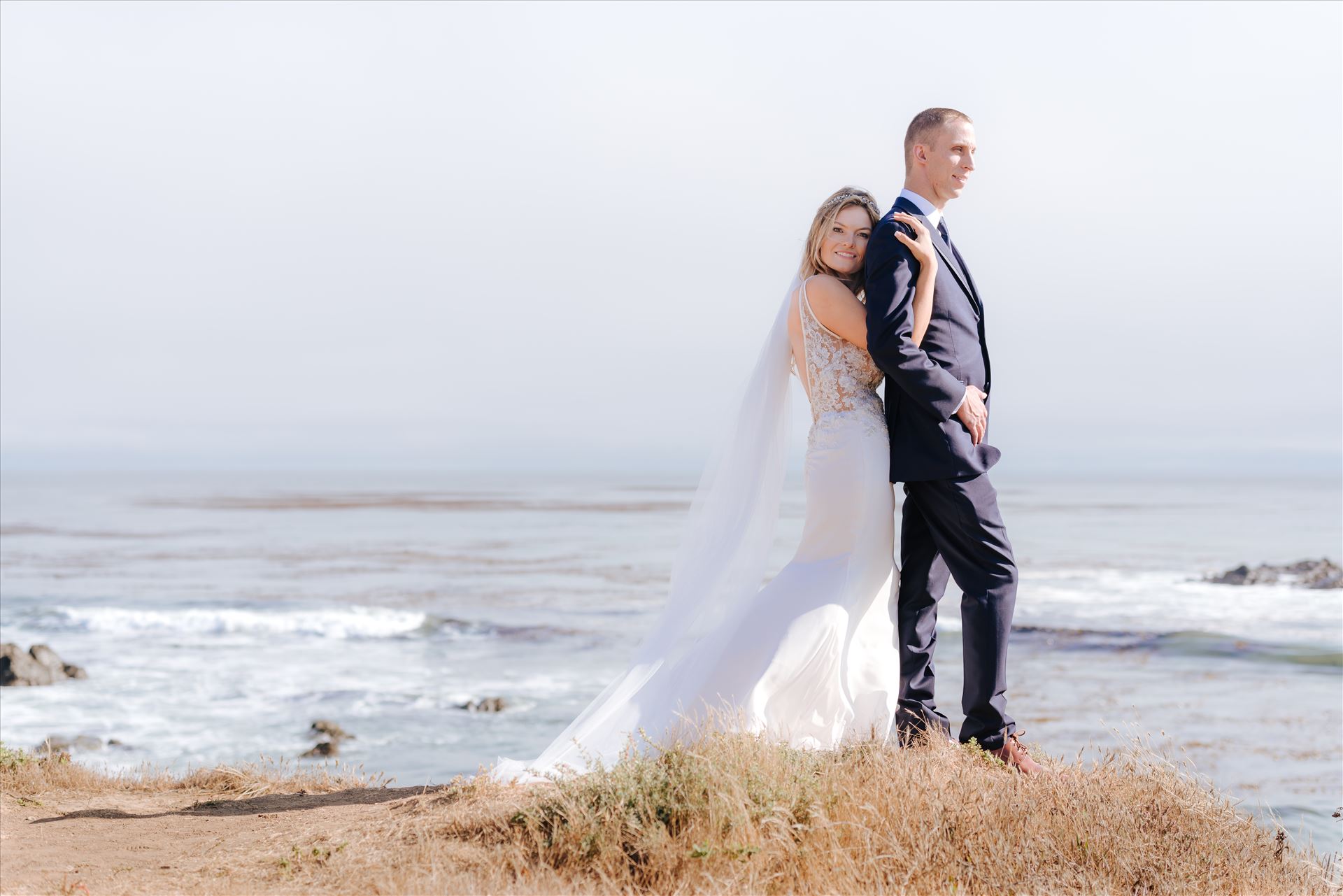 Courtney and Doug 55 Mirror's Edge Photography, San Luis Obispo Wedding Photographer captures Cayucos Wedding on the beach and bluffs in Cayucos Central California Coast. Bride and Groom overlooking the ocean by Sarah Williams