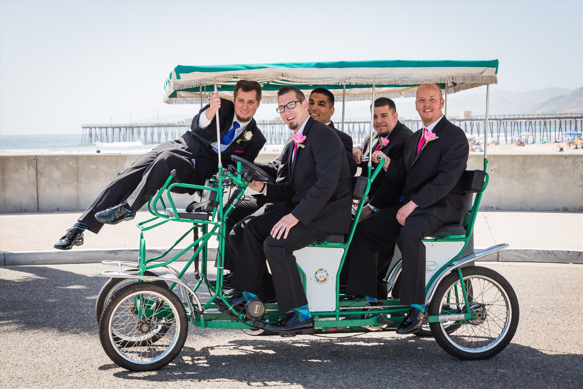 Jessica and Michael 23 Sea Venture Resort and Spa Wedding Photography by Mirror's Edge Photography in Pismo Beach, California. Groom and Groomsmen in cart by Sarah Williams