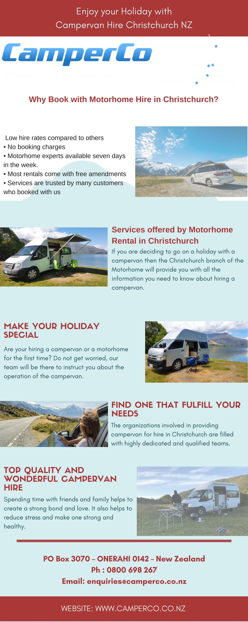 Queenstown Campervan Hire Camperco offers its fleet of campervans, motorhomes and recreational vehicles like Toyota Estima, Hiace and Big Bertha for 2-6 persons hire in Queensland, NZ. Website:https://www.camperco.co.nz/ by Camperco