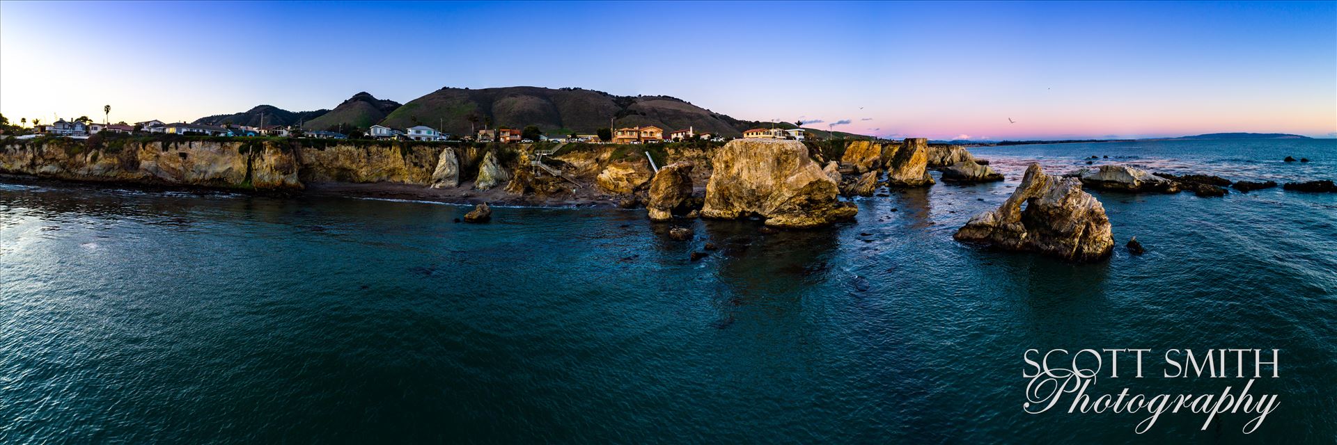 Aerial of Shell Beach No 3, California Near sunset, at Shell Beach, California.  Composite of 21 high res images from a Phantom 4 Pro.  This is a super high resolution image at over 16k by 4k pixels. by Scott Smith Photos