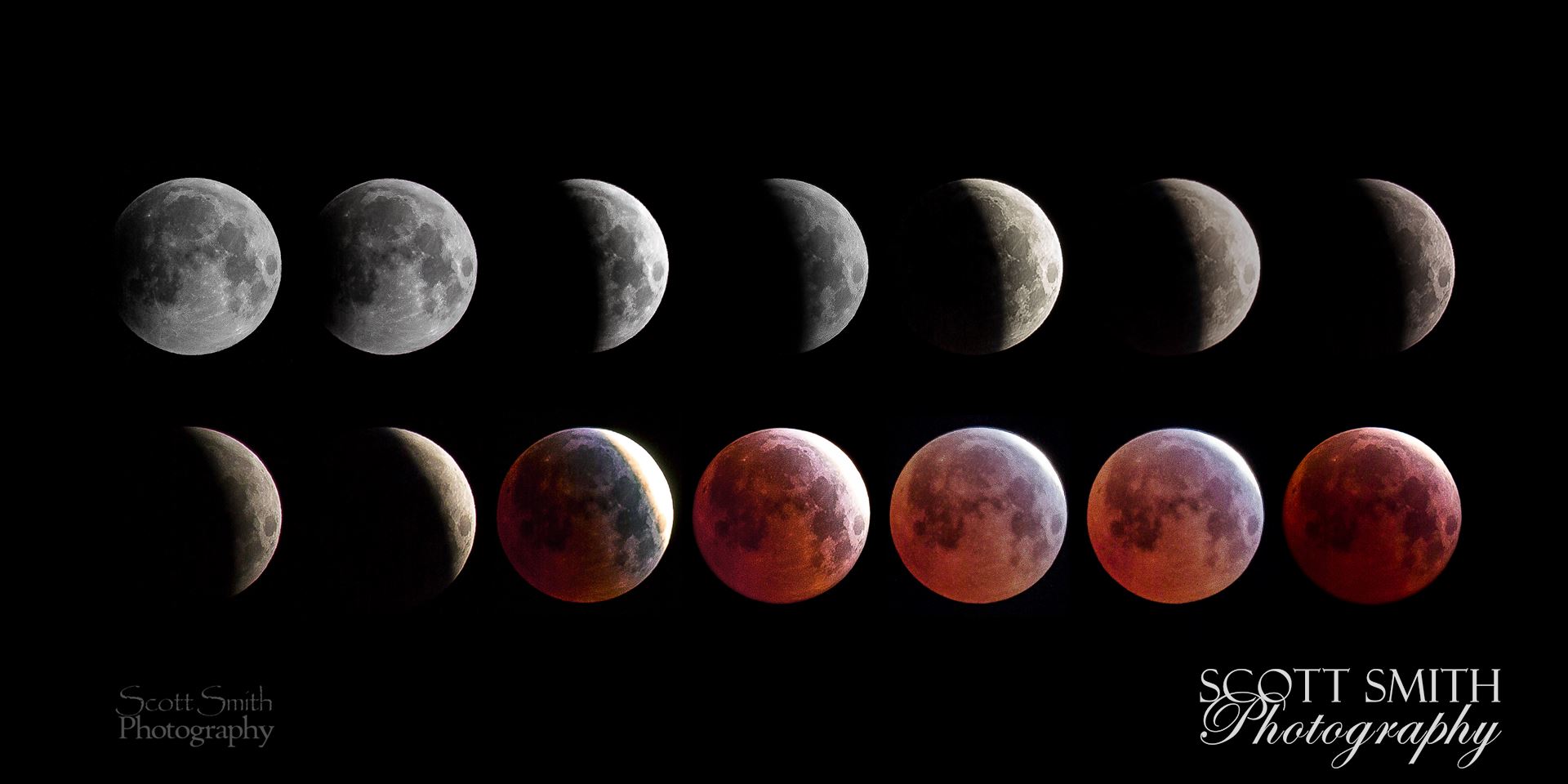 April 4 2015 Eclipse Collage A collage of 14 images from the spring 2015 lunar eclipse, showing the different phases of the moon. by Scott Smith Photos