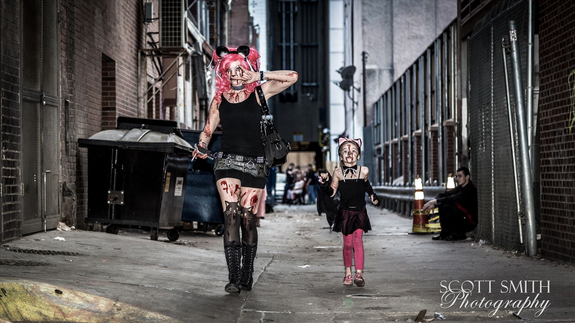 Denver Zombie Crawl 2015 18 An adorable mother and daughter walking through an alley during Denver's 2015 Zombie Crawl. by Scott Smith Photos