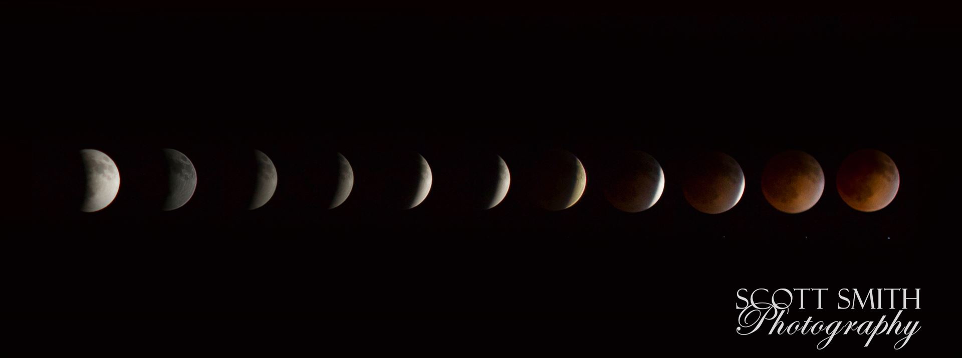 2014 Blood Moon Collage Lunar eclipse and blood moon, 4/15/2014.  Shot as separate frames with a 100mm Canon f/2.8 and assembled in Photoshop. by Scott Smith Photos