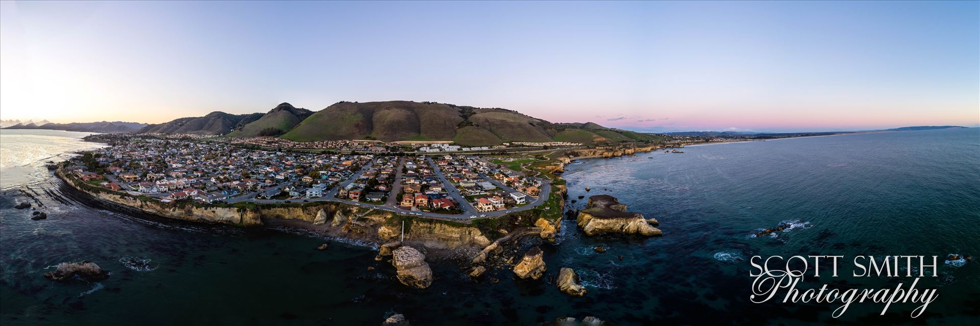 Aerial of Shell Beach, California Near sunset, at Shell Beach, California.  Composite of 21 high res images from a Phantom 4 Pro.  This is a super high resolution image at over 16k by 4k pixels. by Scott Smith Photos