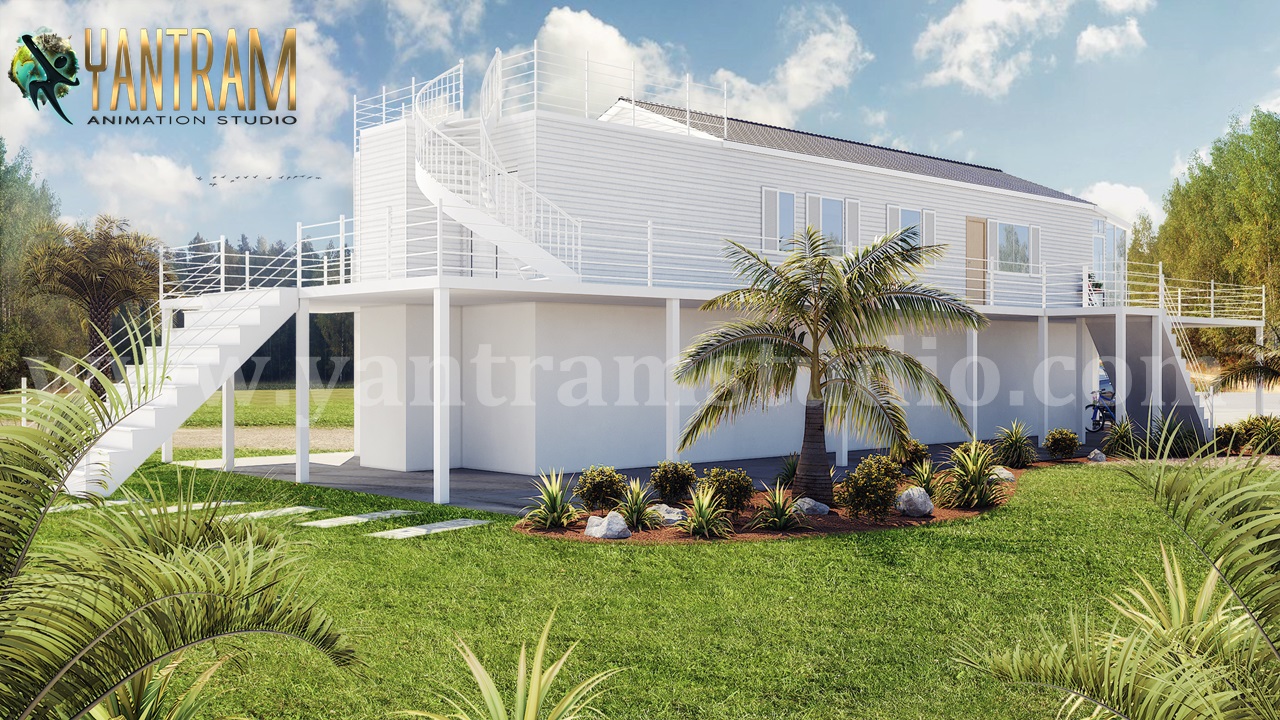 There is no absolute prototype for a Vacation Home, but most of us can recognize one when we see it. Front & back side white farmhouse  3D Exterior Rendering Services & landscaping ideas with sitting area, peaceful atmosphere & good stairs, trees, plant, rooftop by 3d animation studio.