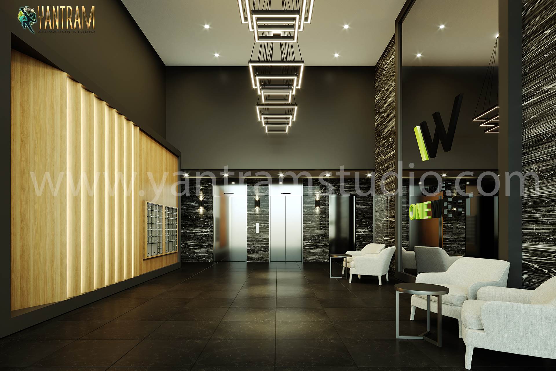 3d interior design rendering views of the lobby, kitchen, gym, bathroom, pool by Architectural Design Studio 2021, Chicago - Illinois