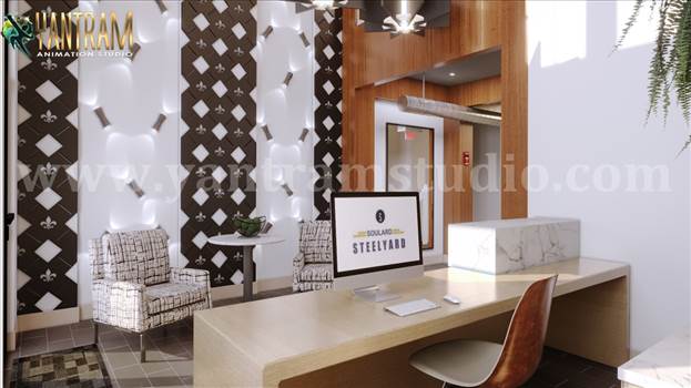 Modern Architecture  Reception Office 3d interior rendering by architectural studio.jpg by Yantramarchitecturaldesignstudio