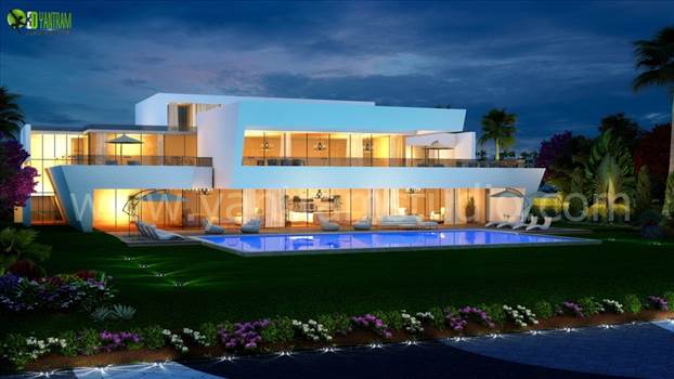 3D Exterior Night View Pool Design by Yantramarchitecturaldesignstudio