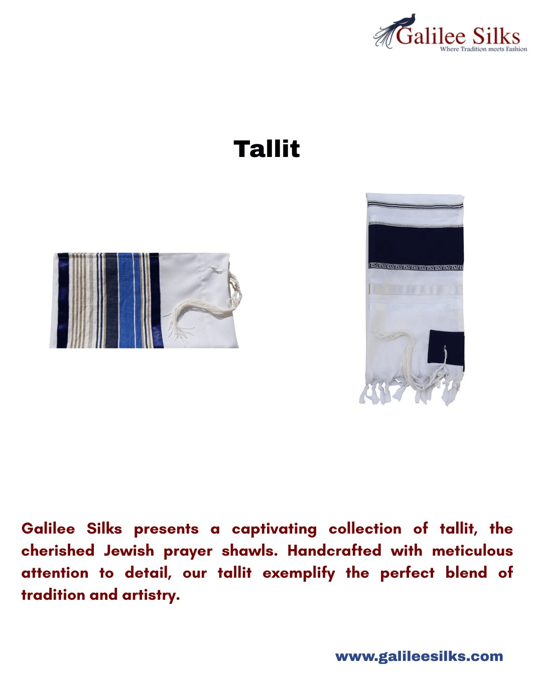 Tallit Galilee Silks presents a captivating collection of tallit, the cherished Jewish prayer shawls. Handcrafted with meticulous attention to detail, our tallit exemplify the perfect blend of tradition and artistry. For more visit: https://www.galileesilks.com/ by Galileesilks