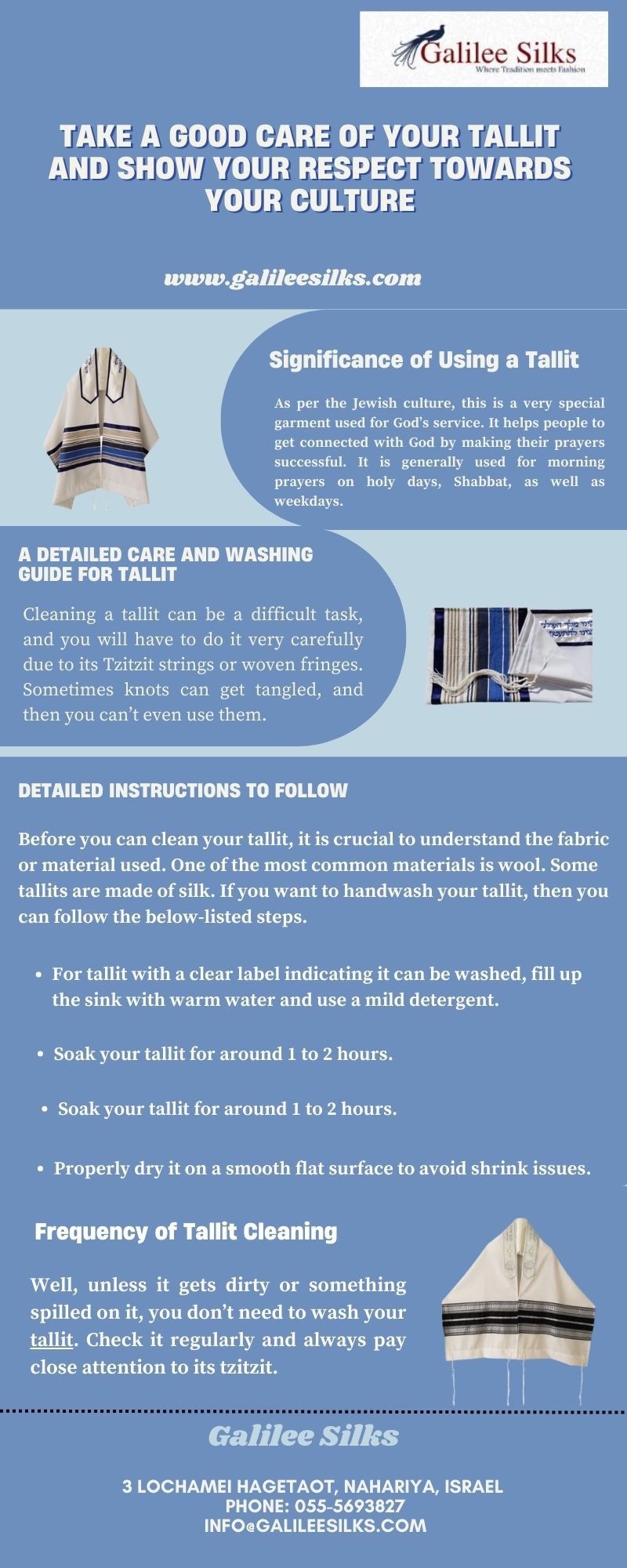 Take A Good Care of Your Tallit and Show Your Respect Towards Your Culture Tallit has become a crucial piece of the garment during prayers that connects you with God, and it is important for you to take care of your tallit to keep it as new.For more details, visit: https://www.galileesilks.com/
 by Galileesilks