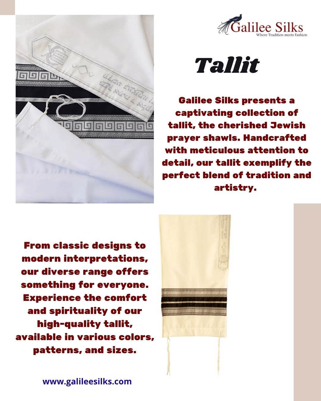 Tallit Galilee Silks presents a captivating collection of tallit, the cherished Jewish prayer shawls. Handcrafted with meticulous attention to detail, our tallit exemplify the perfect blend of tradition and artistry.  Visit: https://www.galileesilks.com/  by Galileesilks