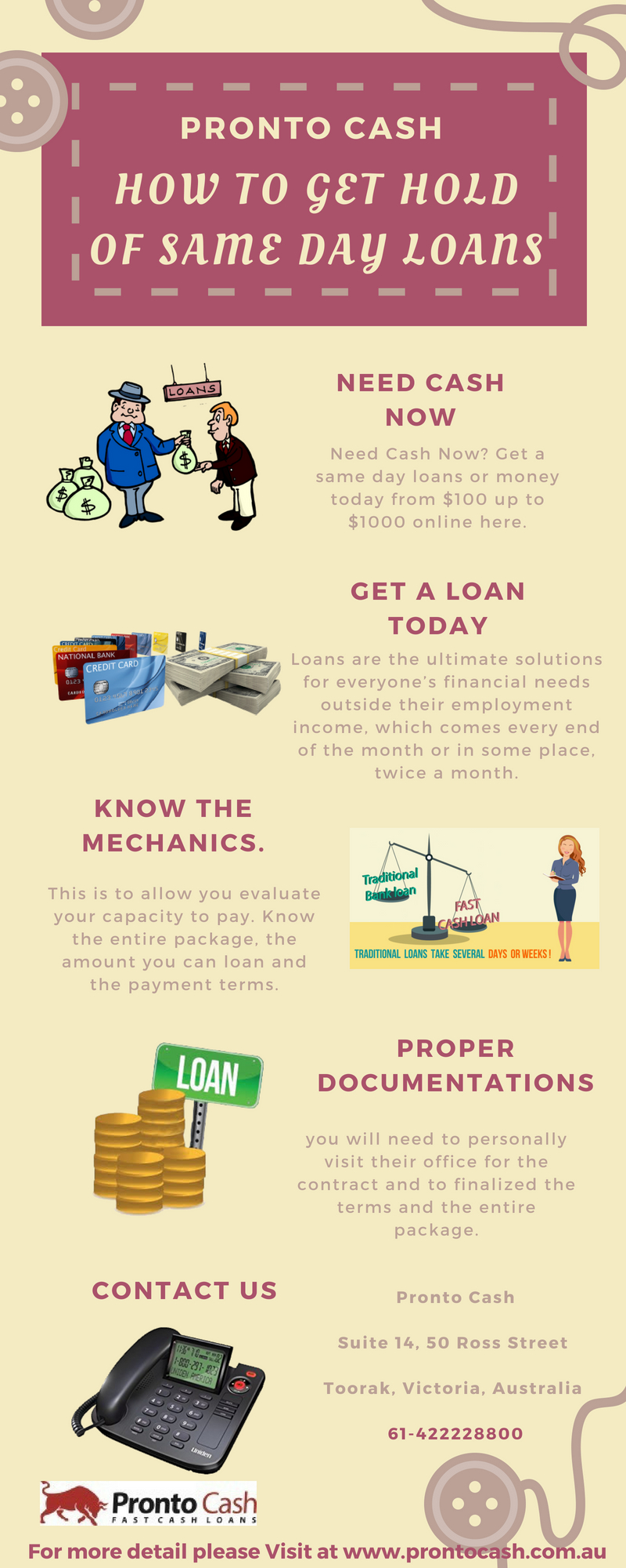How to get hold of Same Day Loans Need Cash Now? Get a same day loans or money today from $100 up to $1000 online here. Pronto Cash is the best place to go for easy & fast cash. Apply Now! https://www.prontocash.com.au

 by ProntoCash