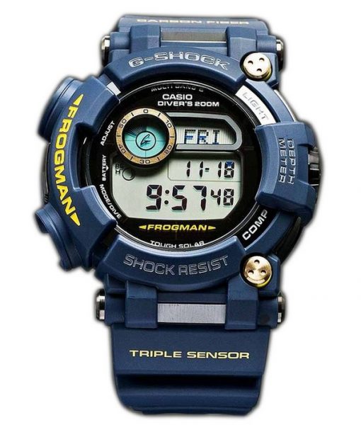 Casio G-Shock FROGMAN Multiband 6 Triple Sensor Divers 200M GWF-D1000NV-2JFMens Watch Features:

Made In Japan,
Case/Bezel Material: Stainless Steel/Resin,
Carbon Fiber Insert Resin Band,
Sapphire Glass With Non-Reflective Coating,
Shock Resistant,
Diamond Like Coating,
Led Backlight (Super Illuminator),
Solar Powered,
Time Calib by creationwatches