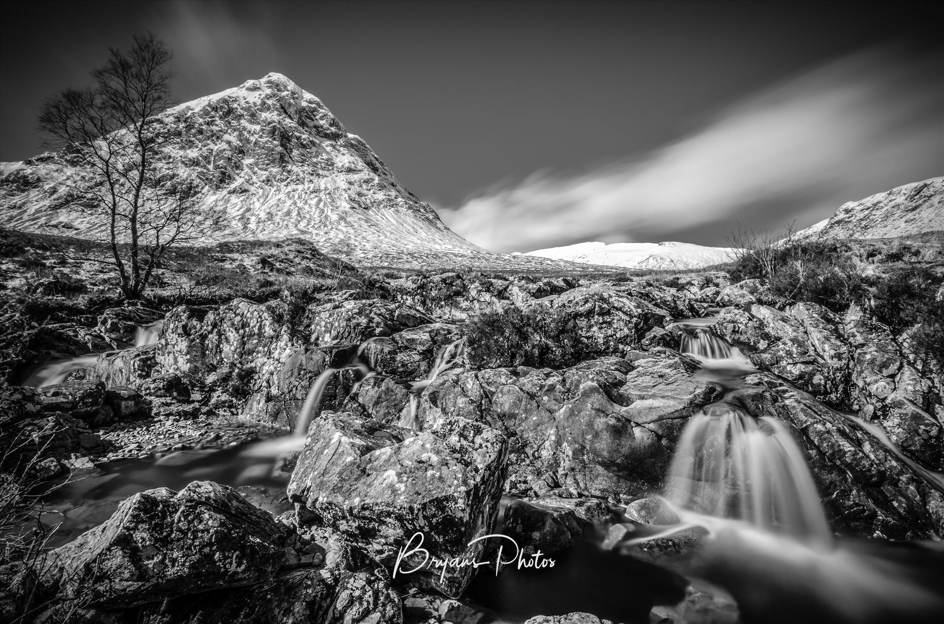 Etive Mor Falls Black & White A black and white long exposure Photograph of Etive Mor, Glen Etive in the Scottish Highlands. by Bryans Photos