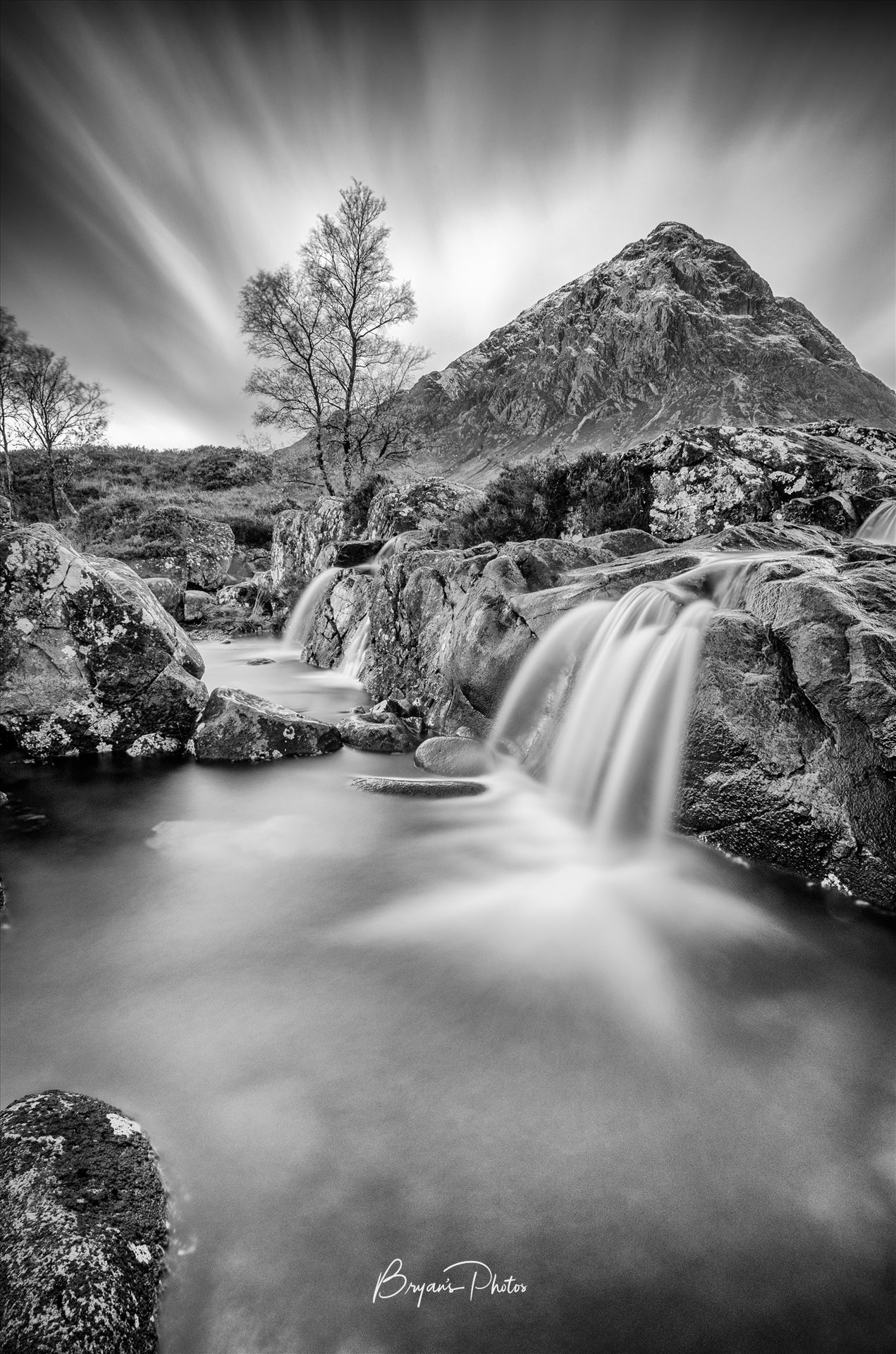 Bauchaille Portrait Black and White A black and white long exposure Photograph of Bauchaille Etive Mor, Glen Etive in the Scottish Highlands. by Bryans Photos