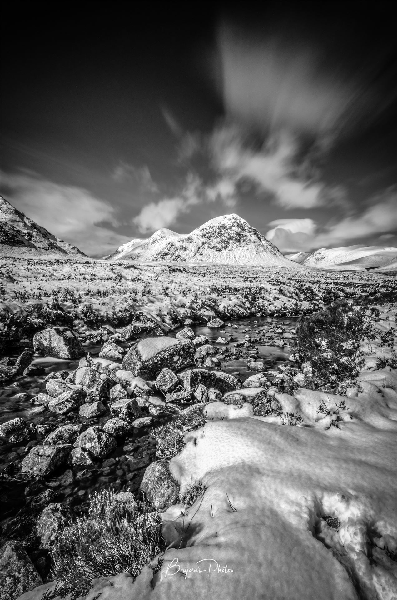 Bauchaille Etive Mor Portrait Black & White A black and white long exposure photograph of Glen Etive in the Scottish Highlands. by Bryans Photos