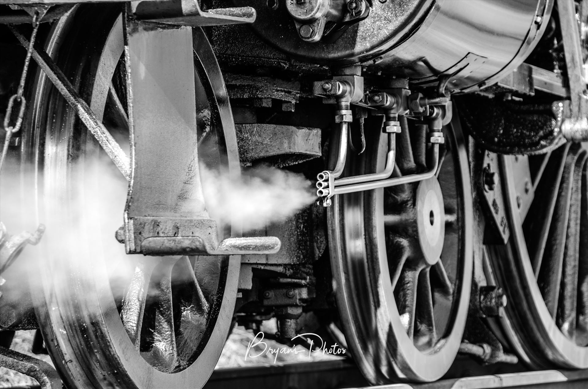 Steam Art A black and white close up of the Jubilee Class Leander's running gear. by Bryans Photos