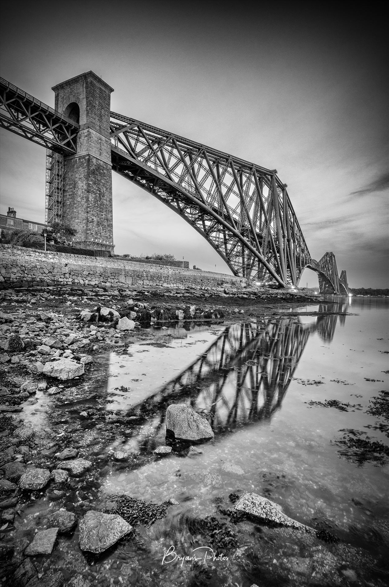 Rail Bridge Portrait A black and white portrait photograph of the Forth Rail Bridge taken from North Queensferry. by Bryans Photos