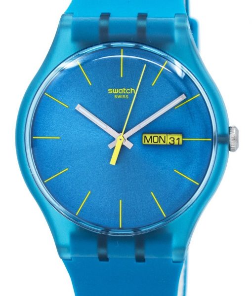 Swatch Originals Turquoise Rebel Quartz Unisex Watch Features:
Plastic Case,
Silicone Strap,
Quartz Movement,
Turquoise Dial,
Luminous Hands,
Day And Date Display,
Pull/Push Crown,
See Through Case Back,
Buckle Clasp,
30M Water Resistance. by Jason
