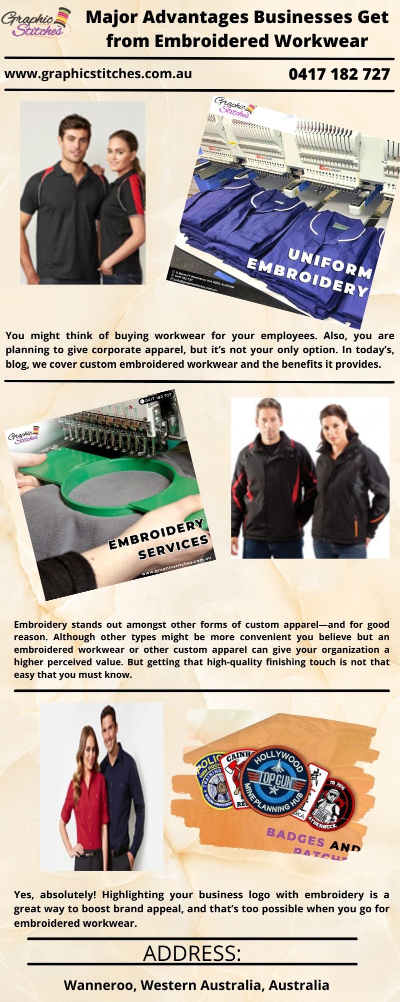 Major Advantages Businesses Get from Embroidered Workwear.jpg Please visit: https://www.graphicstitches.com.au/major-advantages-businesses-get-from-embroidered-workwear.html
 by Graphicstitches